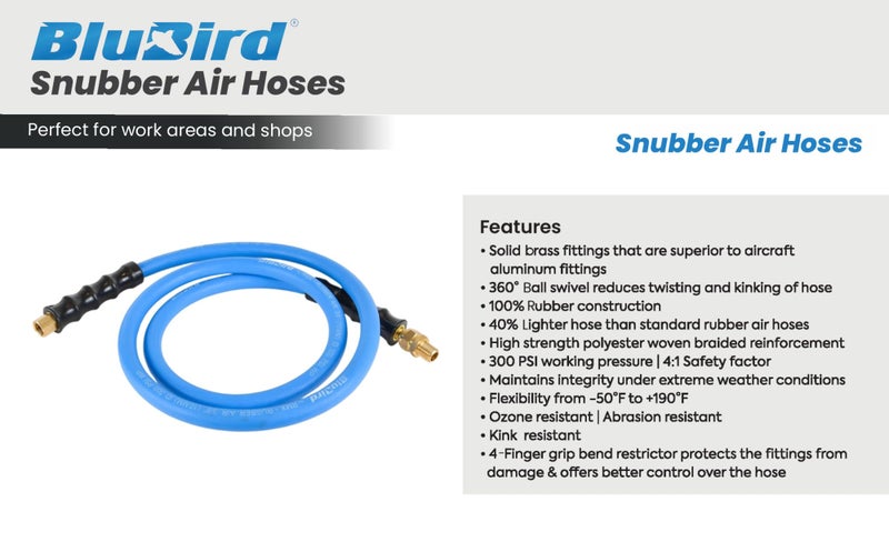 BLUBIRD BBSR3805 3/8" x 5' Rubber Air Snubber Hose, 100% Rubber, Lightest, Strongest, Most Flexible, 300 PSI, 50F to 190F Degrees, Ozone Resistant, High Strength Polyester Braided - Image 2